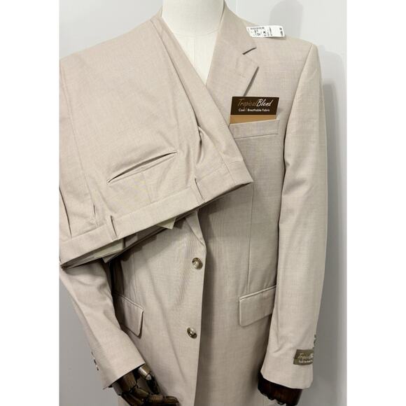 JoS. A. Bank Tan Suit 43L x 37 Pleat Wool Blend Houndstooth Tropical NWT $595 - Picture 1 of 8